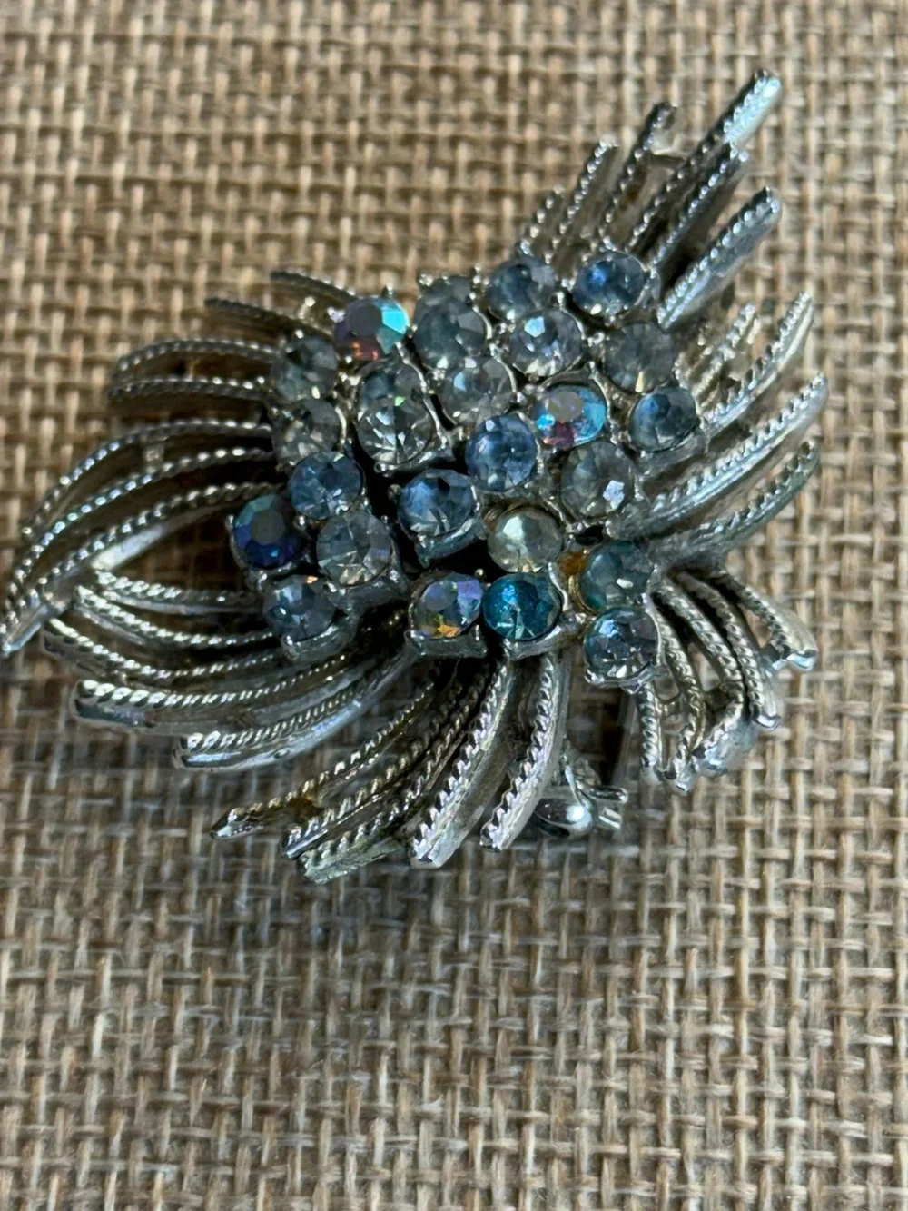 Vintage Coro Silver Tone‎ Blue Aurora Borealis Rhinestone Burst Brooch Pin MCM